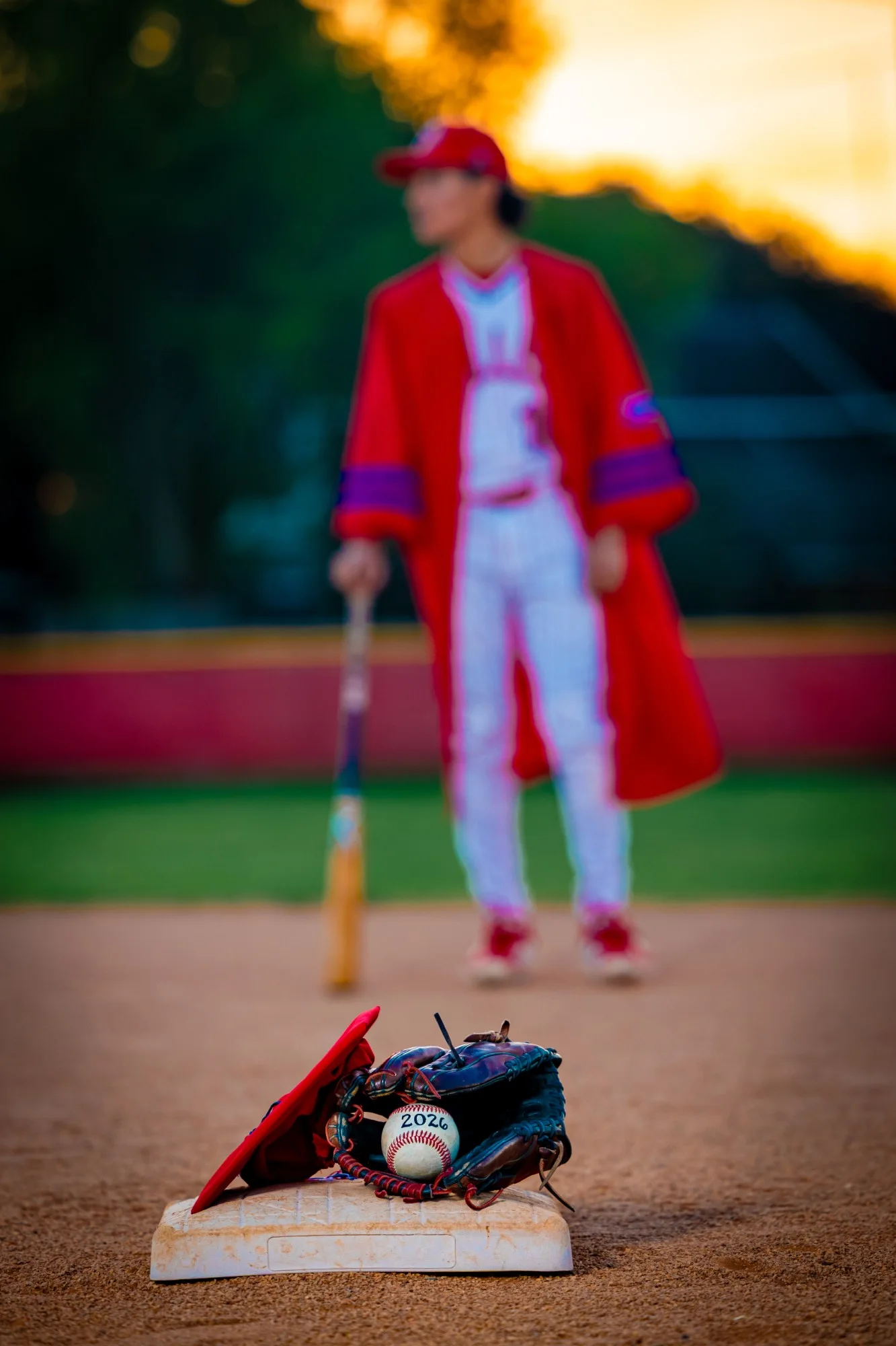 Senior in cap and gown on the infield with his bat resting on a base