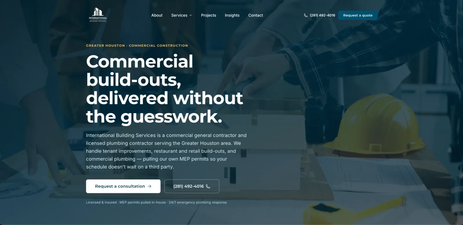 International Building Services homepage leading with in-house MEP permits