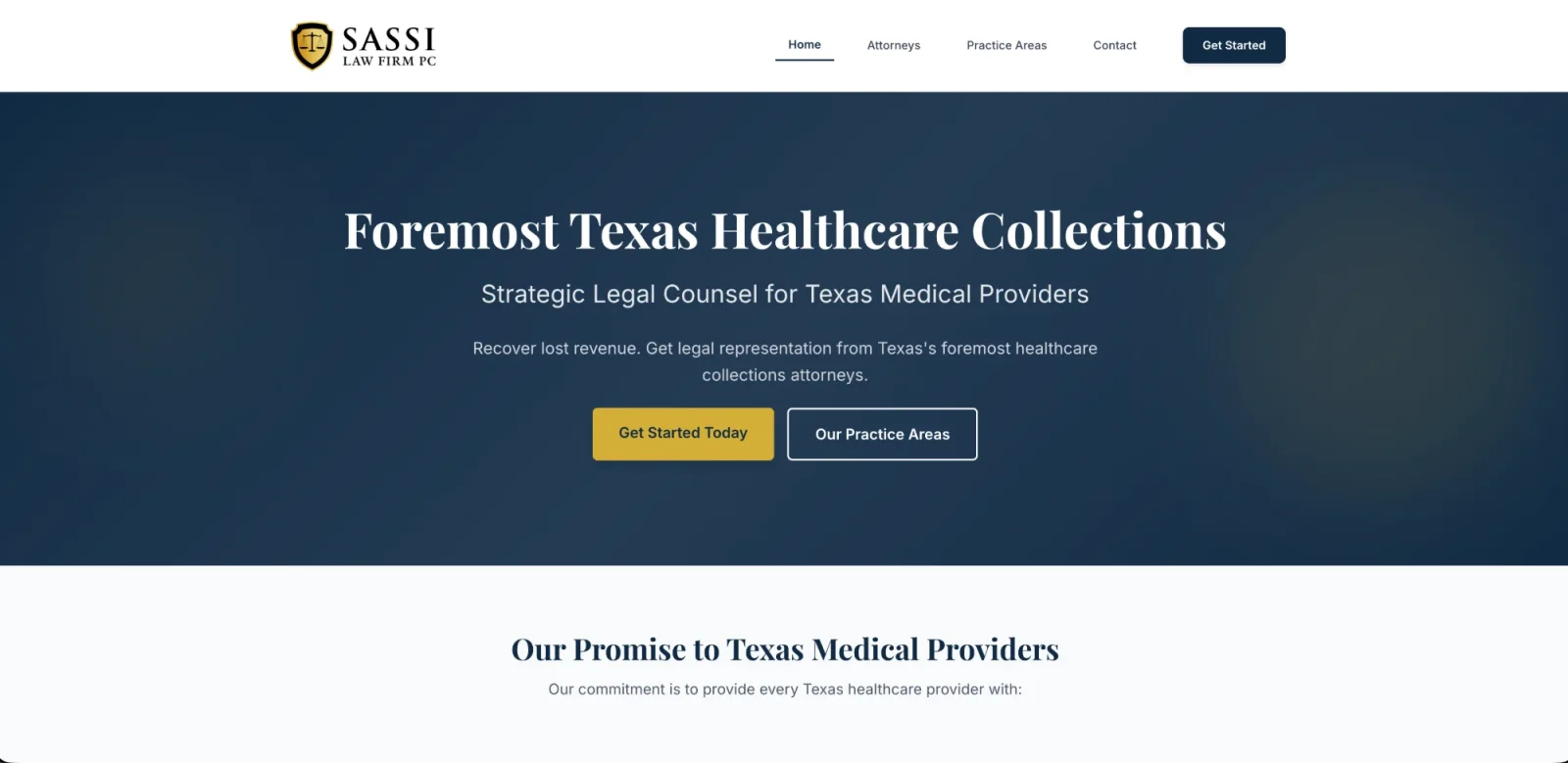 Sassi Law Firm PC homepage focused on Texas healthcare collections