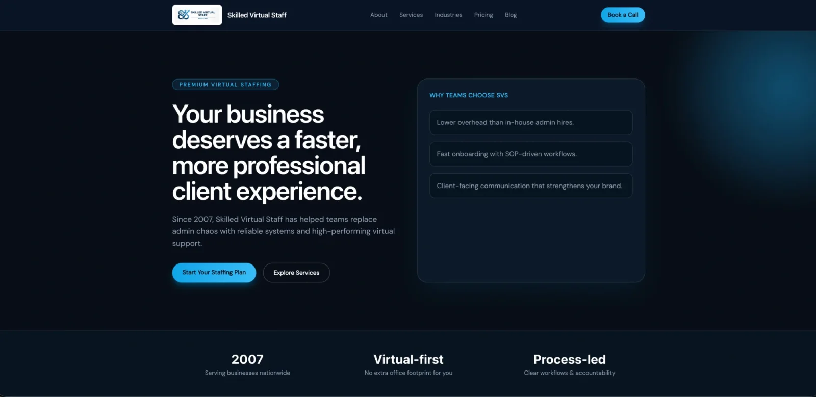 Skilled Virtual Staff homepage for a virtual staffing company